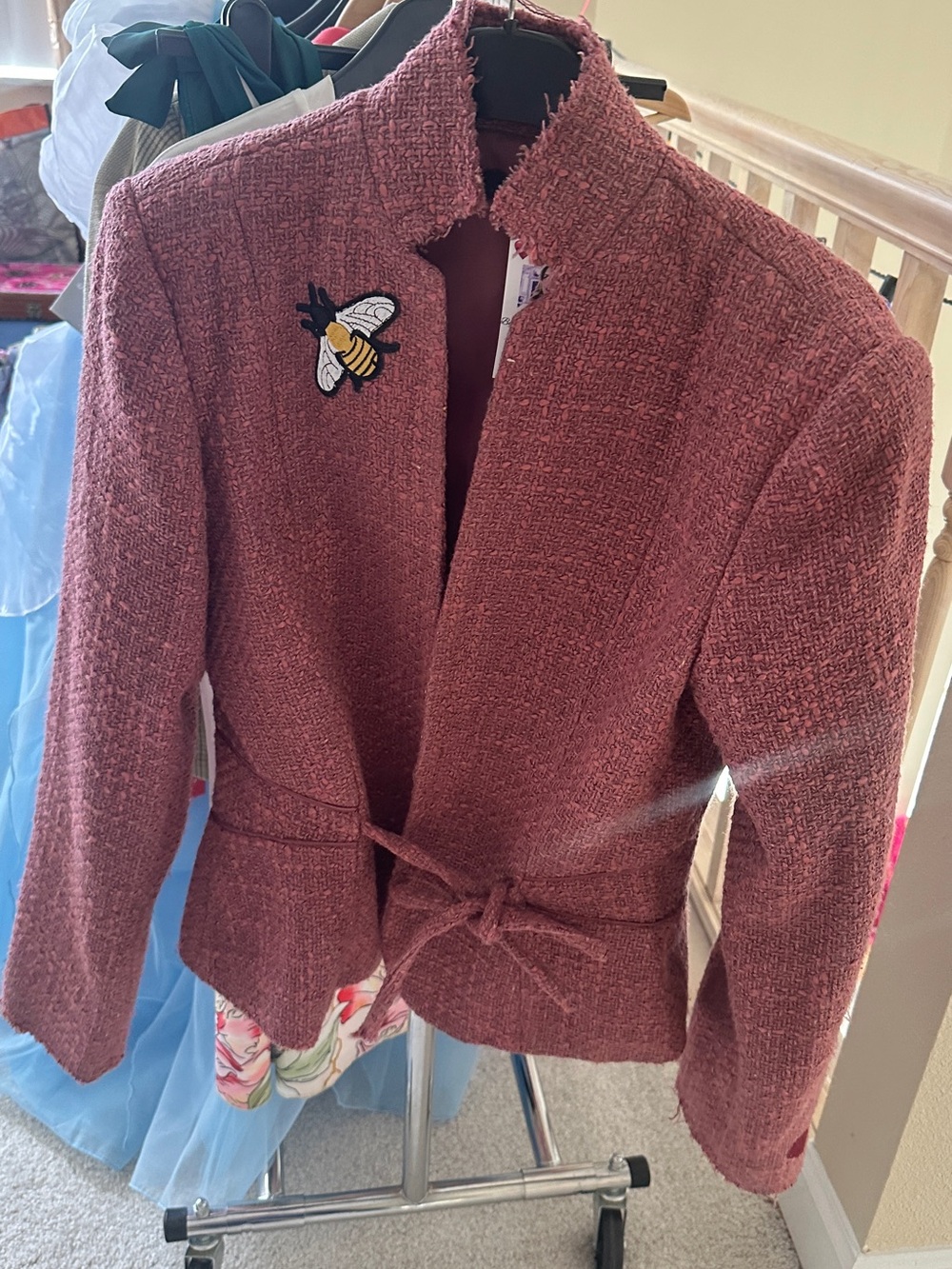 Womens Rose Tweed Belted Jacket with Bee Patch